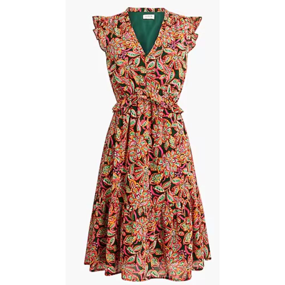 J.Crew Floral Ruffle Sleeve Dress Size 10 NWT V Neck Midi Fit & Flare Colorful